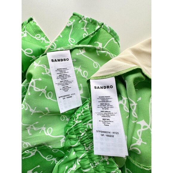 NWOT SANDRO Voillier Green Anchor Print Satin Pajama Playsuit Set, Size 3/42 - Picture 15 of 16